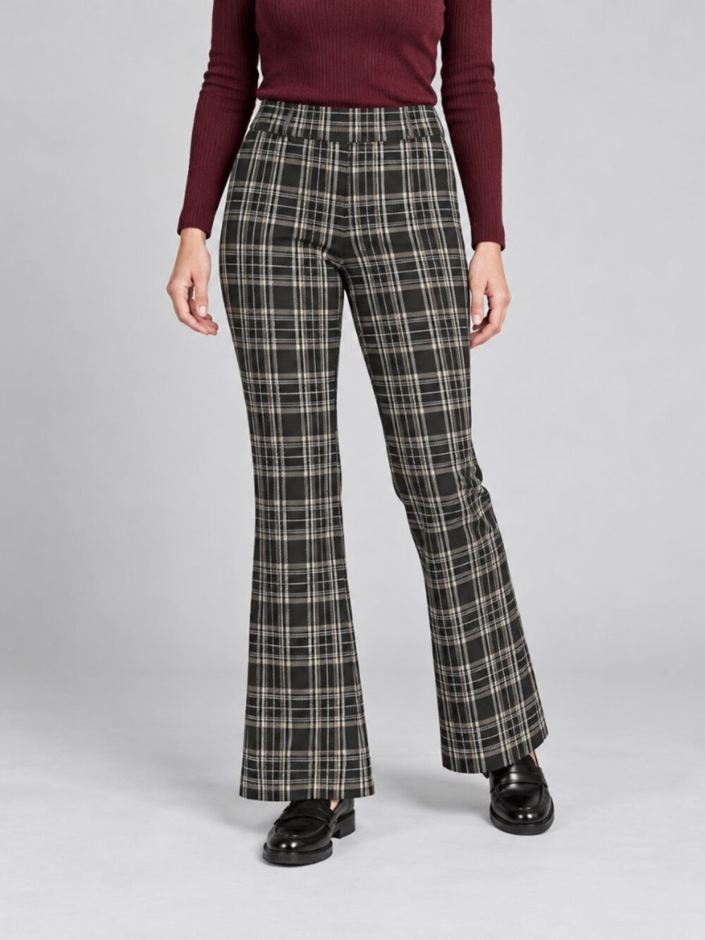 Black Cream Plaid Pull On Flared Pants